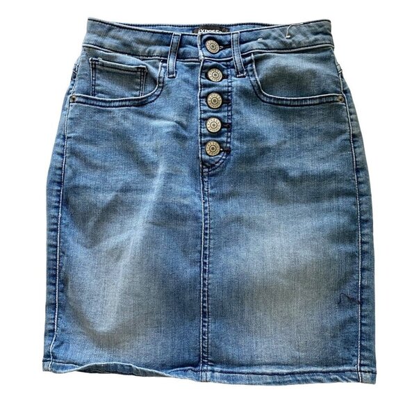 Express Denim Jean Mini Skirt Stretch High Rise Size with Buttons Size 00 - Picture 2 of 7